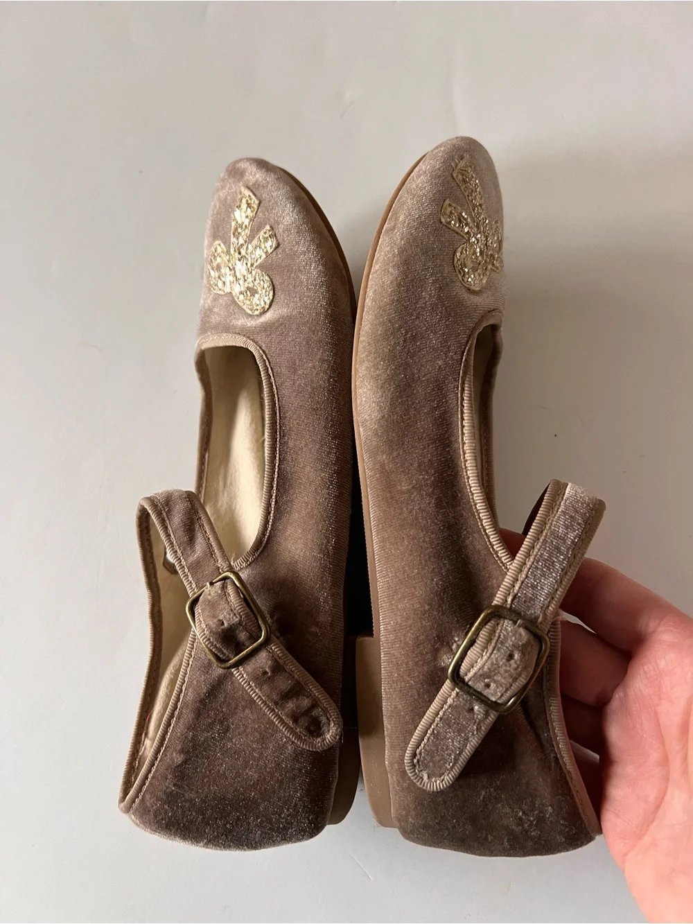 Joyfolie Girls Velvet Mary Janes with Gold Glitter Bow - Brown